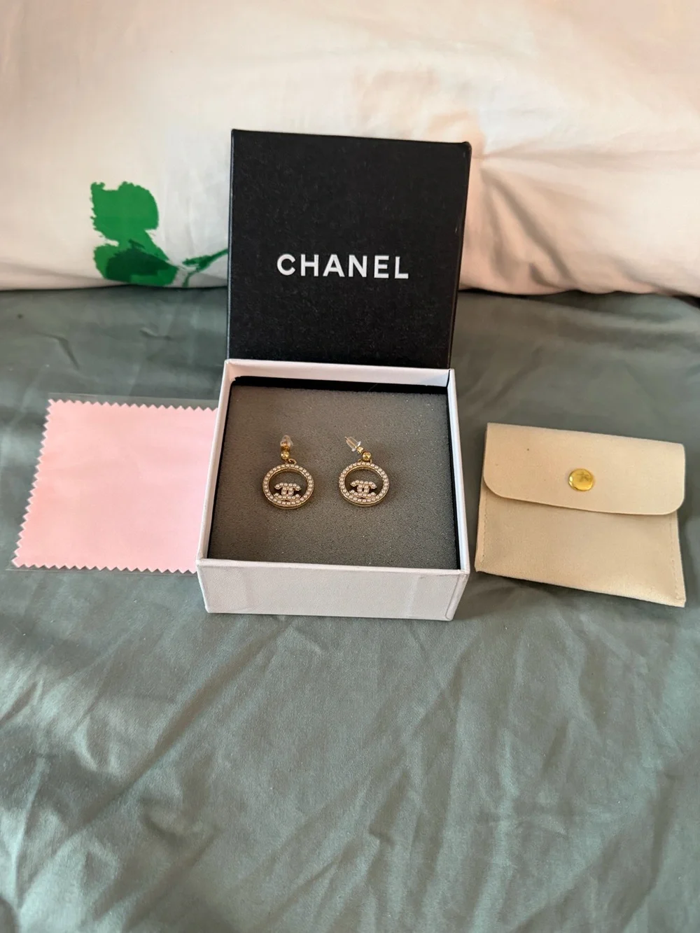CHANEL Gold-Tone Pearl CC Circle Drop Earrings Authentic